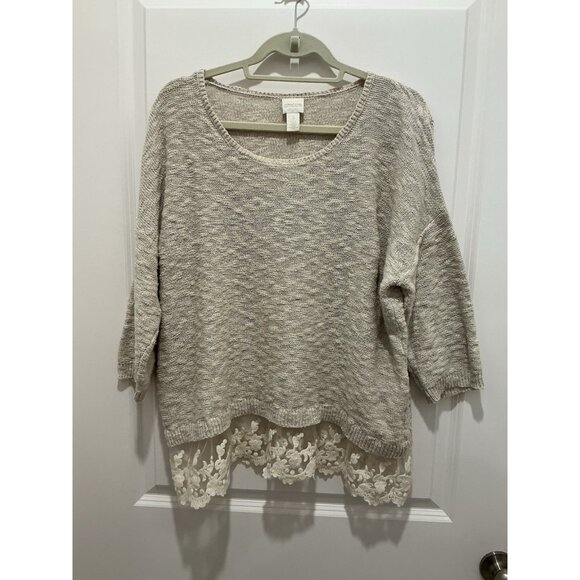 Chicos Sweater Size 3 (XL) Beige Lace Trim At Bottom Minimalist - Picture 1 of 11